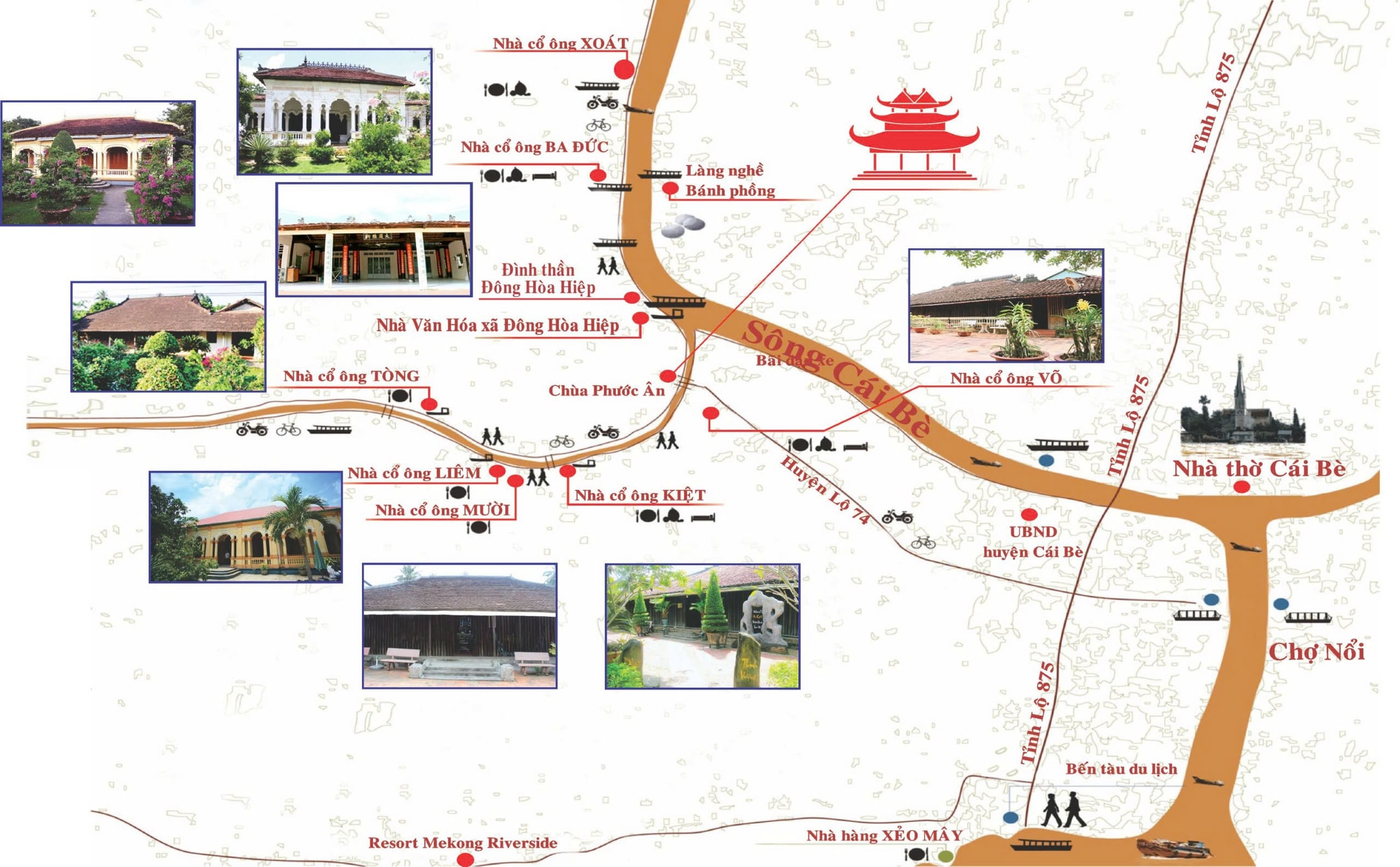 Sơ đồ phân bố các ngôi nhà cổ dọc hệ thống kênh rạch và sông Cái Bè (ấp Phú Hòa, ấp An Lợi, ấp An Thạnh).